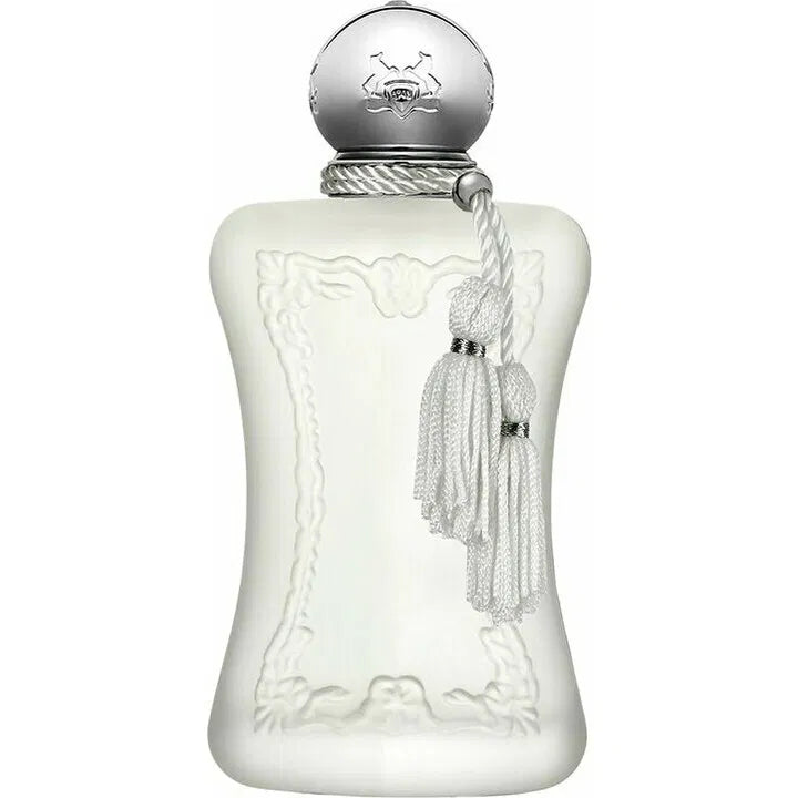 Decorative white bottle with silver accents and tassel on a white background