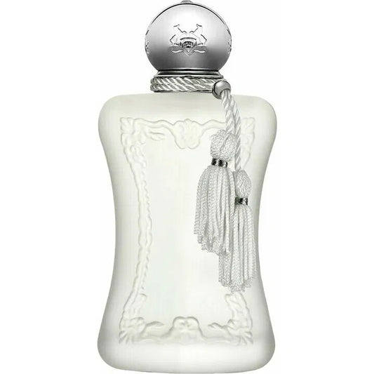 Decorative white bottle with silver accents and tassel on a white background